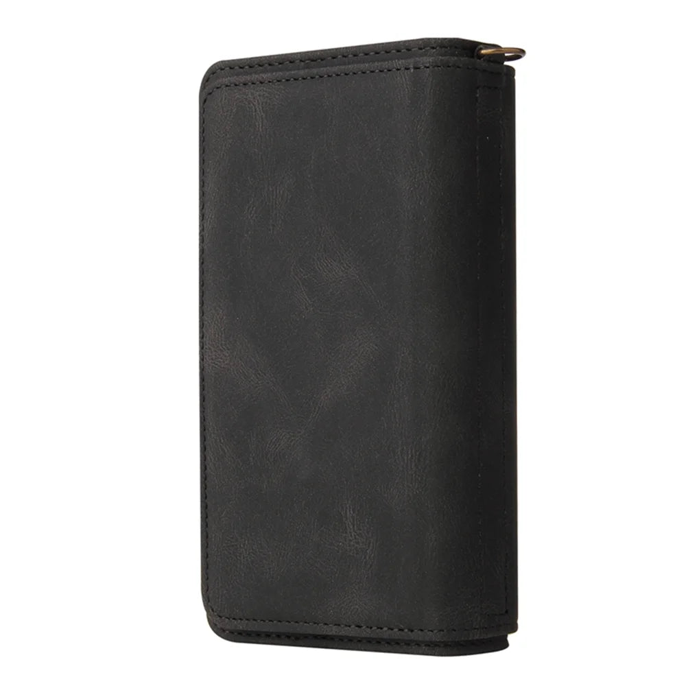 For Samsung Galaxy S26 Zipper Wallet Case with 15 Card Slots and Strap Leather Phone Cover - Black - 7