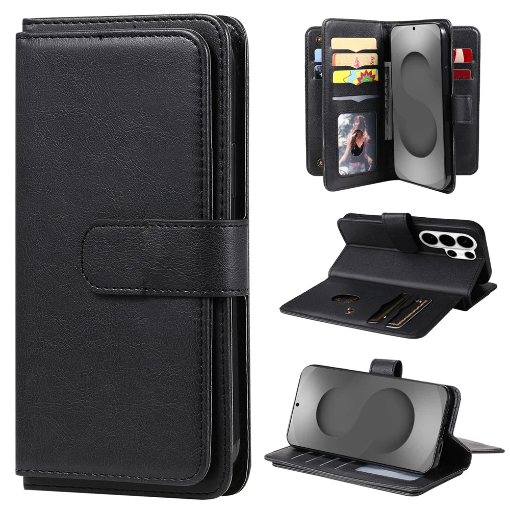 For Samsung Galaxy S26 Ultra Leather Case with 10 Card Holder Phone Cover Stand - Black - 1