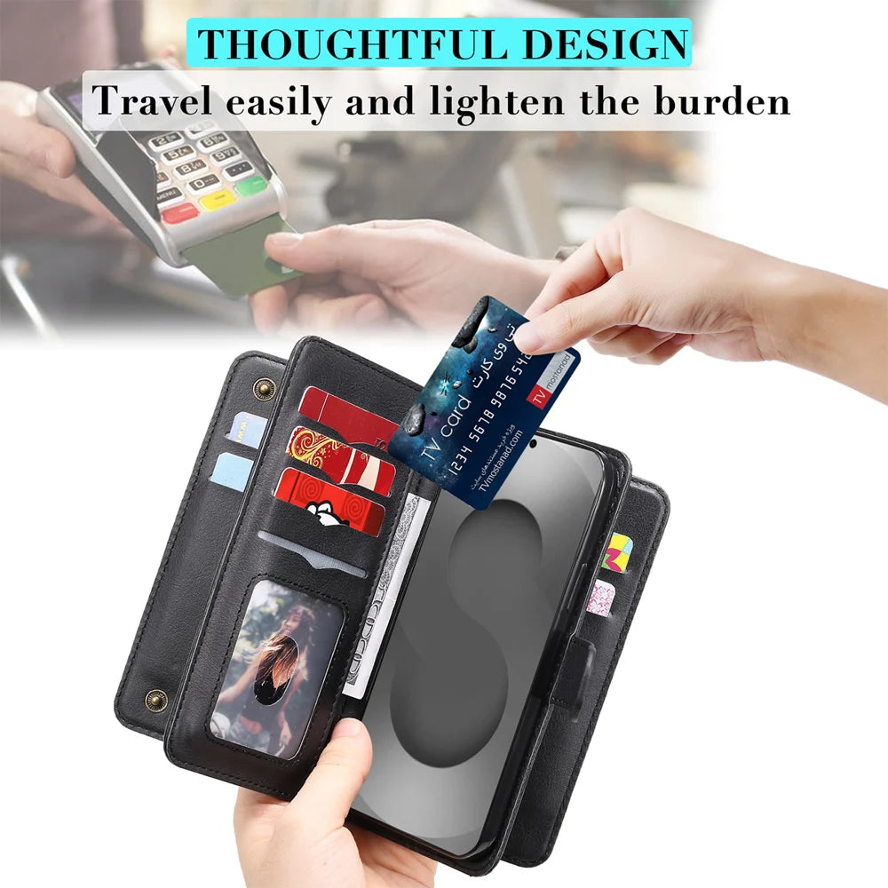 For Samsung Galaxy S26 Ultra Leather Case with 10 Card Holder Phone Cover Stand - Black - 5