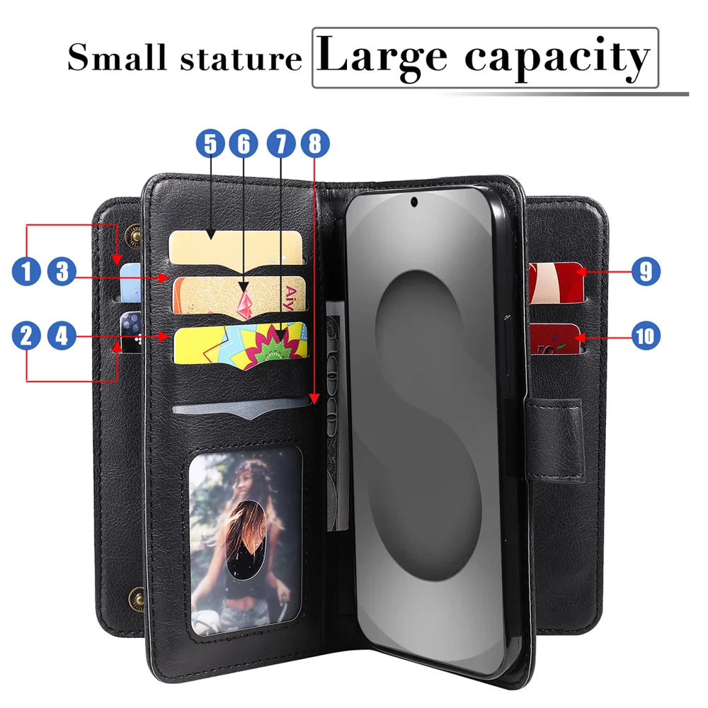For Samsung Galaxy S26 Ultra Leather Case with 10 Card Holder Phone Cover Stand - Black - 6