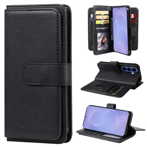 For Samsung Galaxy S26 Leather Case with 10 Card Holder Phone Cover Stand - Black - 1