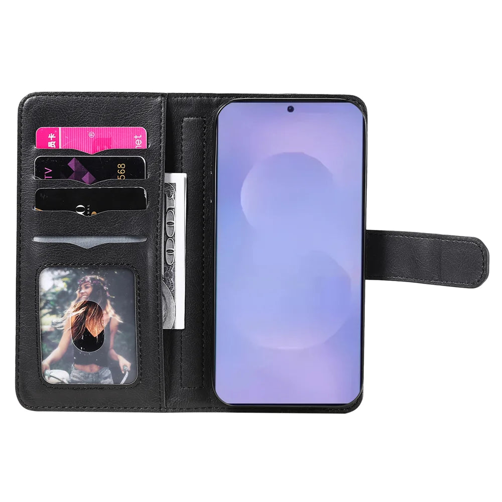 For Samsung Galaxy S26 Leather Case with 10 Card Holder Phone Cover Stand - Black - 4