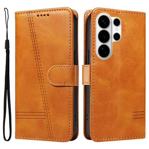 For Samsung Galaxy S26 Ultra Wallet Case T-Shape Lines Leather Phone Cover Stand - Brown - 1
