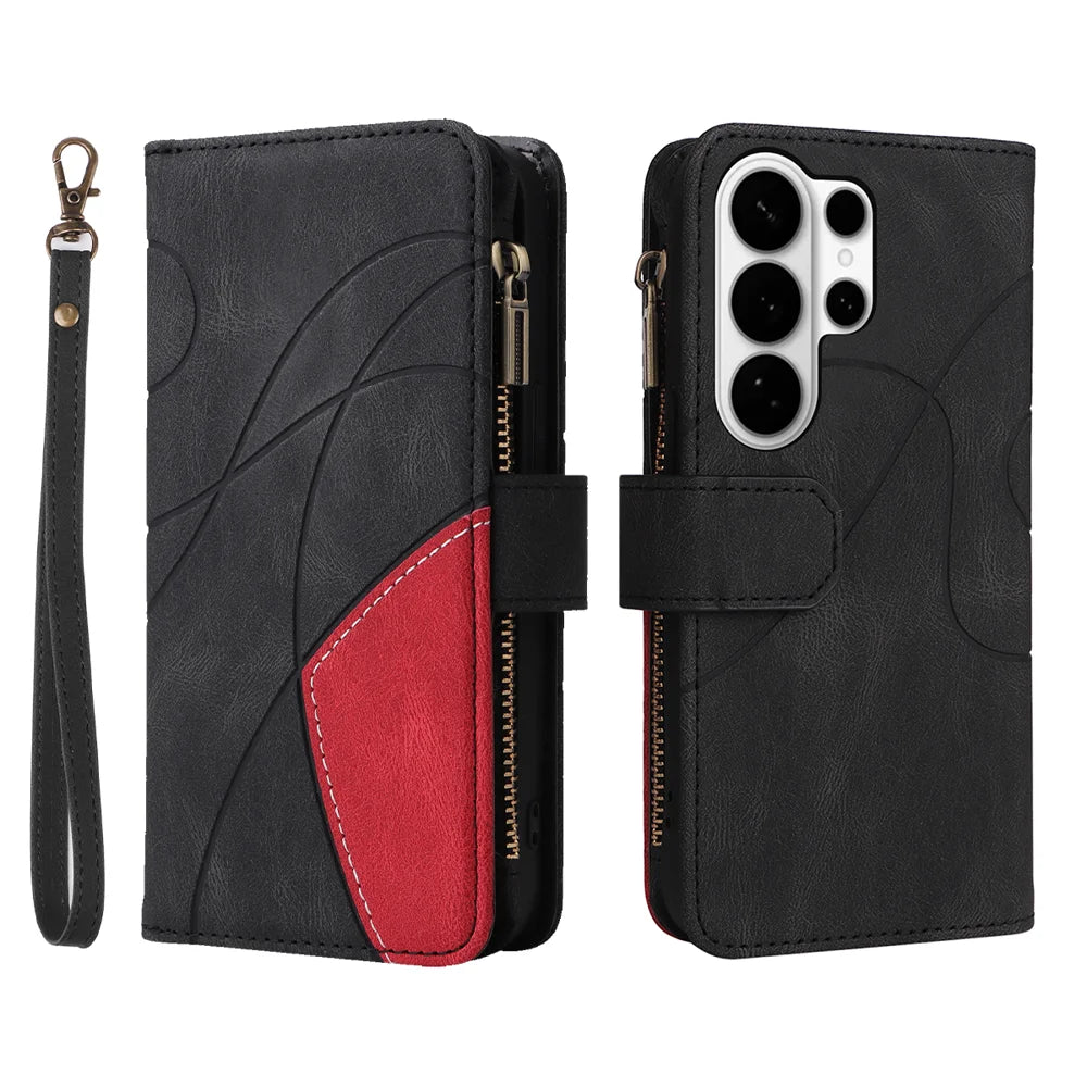 For Samsung Galaxy S26 Ultra Leather Case with Strap Zipper 9 Card Slot Phone Cover Stand - Black - 1