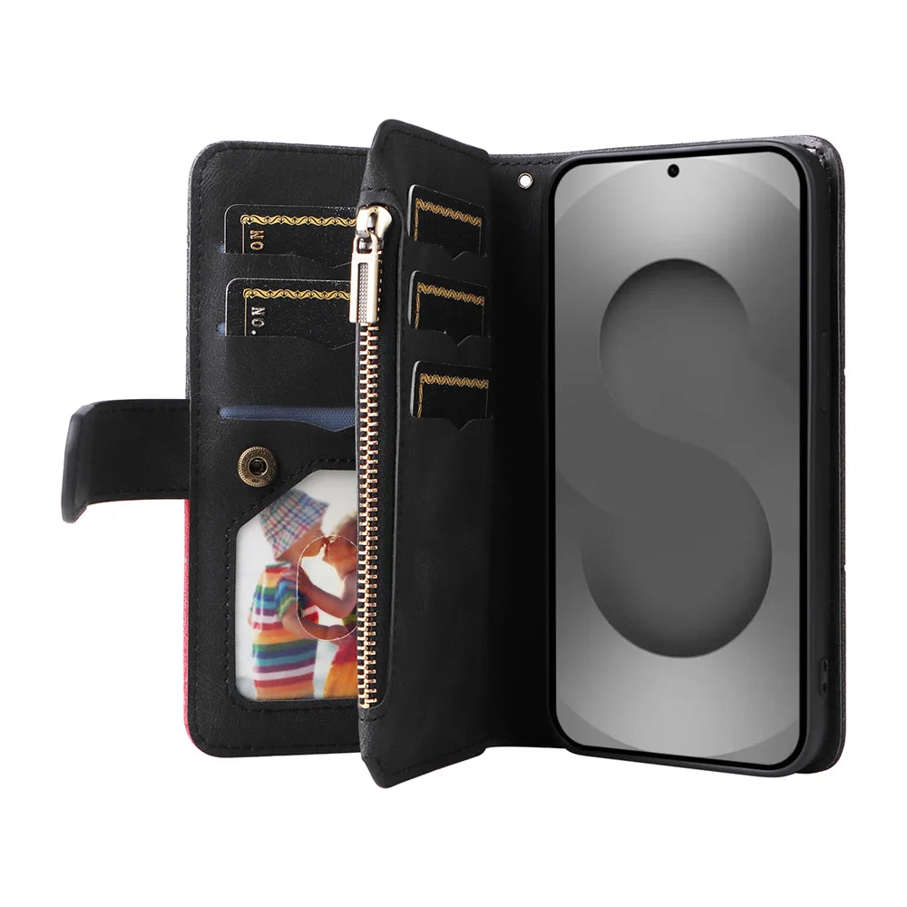 For Samsung Galaxy S26 Ultra Leather Case with Strap Zipper 9 Card Slot Phone Cover Stand - Black - 2