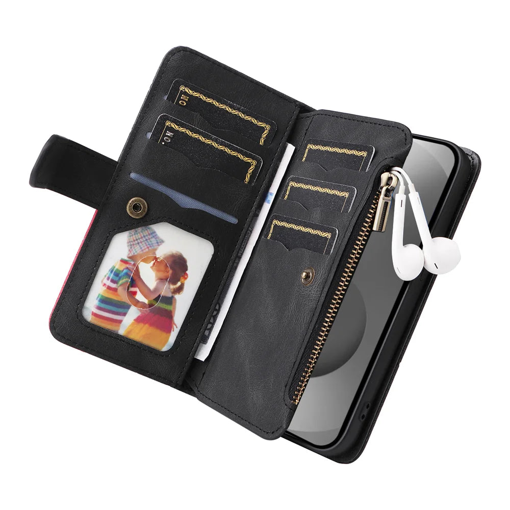 For Samsung Galaxy S26 Ultra Leather Case with Strap Zipper 9 Card Slot Phone Cover Stand - Black - 7