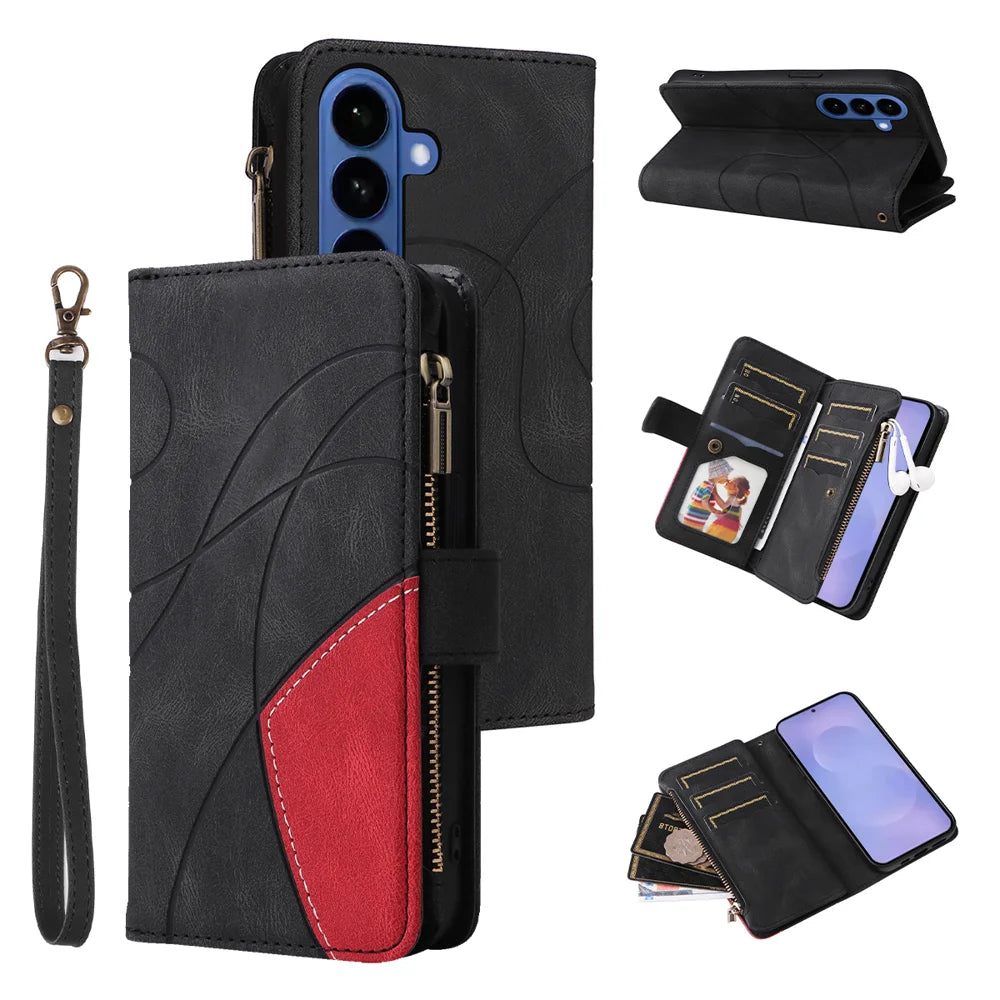 For Samsung Galaxy S26 Leather Case with Strap Zipper 9 Card Slot Phone Cover Stand - Black - 1