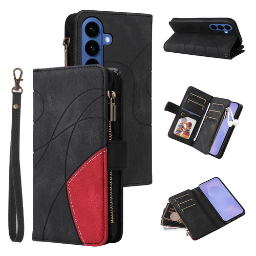 For Samsung Galaxy S26 Leather Case with Strap Zipper 9 Card Slot Phone Cover Stand - Black - 1