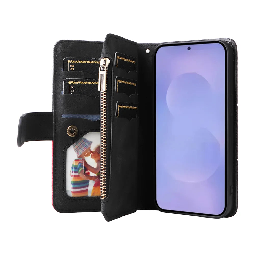 For Samsung Galaxy S26 Leather Case with Strap Zipper 9 Card Slot Phone Cover Stand - Black - 2
