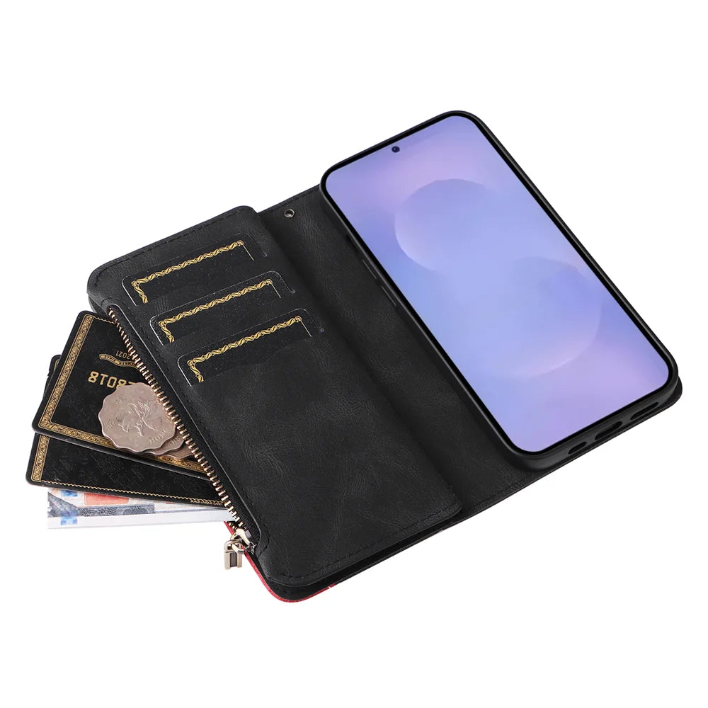 For Samsung Galaxy S26 Leather Case with Strap Zipper 9 Card Slot Phone Cover Stand - Black - 5
