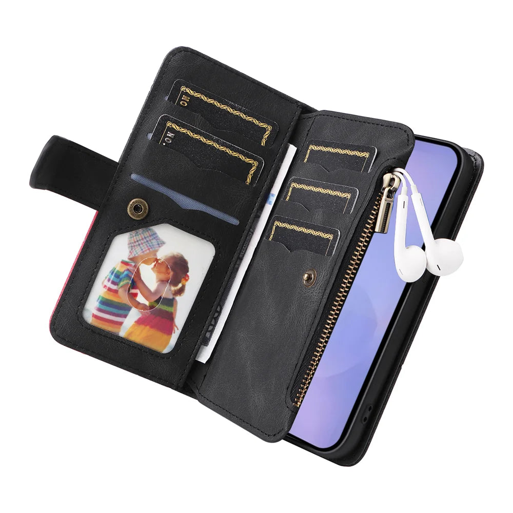 For Samsung Galaxy S26 Leather Case with Strap Zipper 9 Card Slot Phone Cover Stand - Black - 6