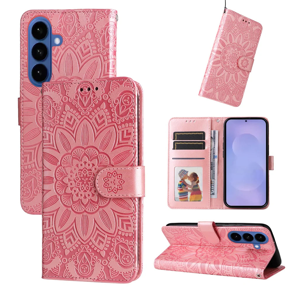 For Samsung Galaxy S26 Case Sunflower Imprint Leather Wallet Phone Cover - Pink - 3