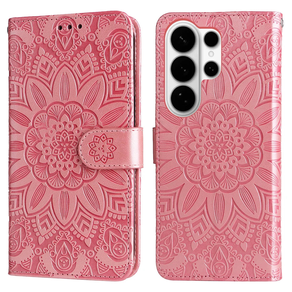 For Samsung Galaxy S26 Ultra Case Sunflower Imprint Leather Wallet Phone Cover - Pink - 1