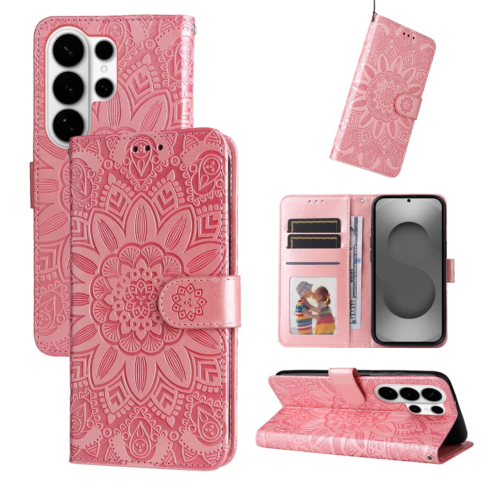 For Samsung Galaxy S26 Ultra Case Sunflower Imprint Leather Wallet Phone Cover - Pink - 3