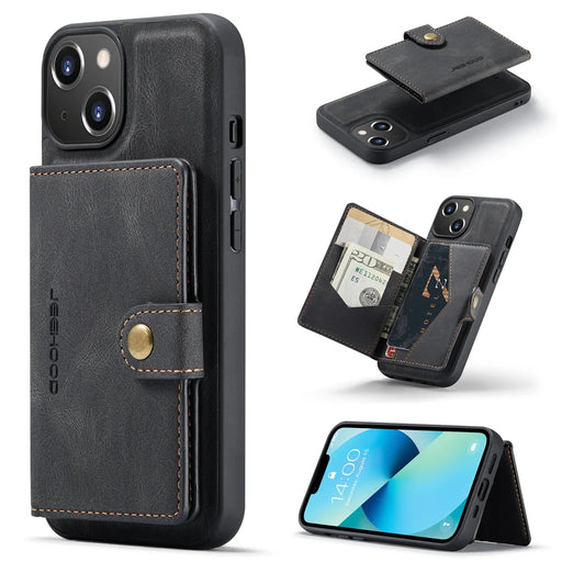 JEEHOOD For iPhone 14 Plus Case  J01 Retro Leather Phone Back Cover with Detachable Magnetic Card Holder - Black - 1