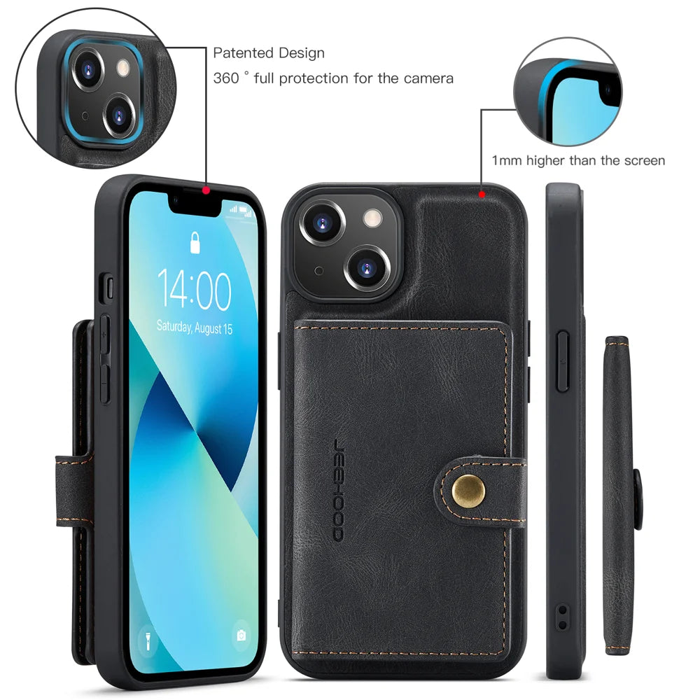JEEHOOD For iPhone 14 Plus Case  J01 Retro Leather Phone Back Cover with Detachable Magnetic Card Holder - Black - 7