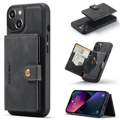 JEEHOOD For iPhone 13 mini 5.4 inch Case  J01 Retro Leather Phone Back Cover with Detachable Magnetic Card Holder - Black - 1