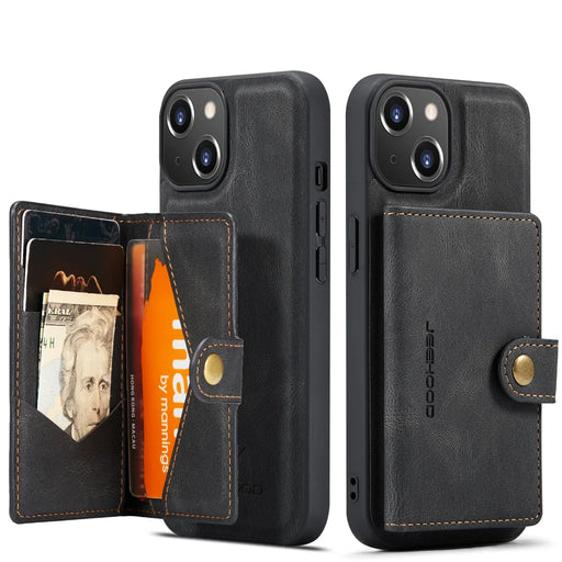 JEEHOOD For iPhone 13 mini 5.4 inch Case  J01 Retro Leather Phone Back Cover with Detachable Magnetic Card Holder - Black - 2
