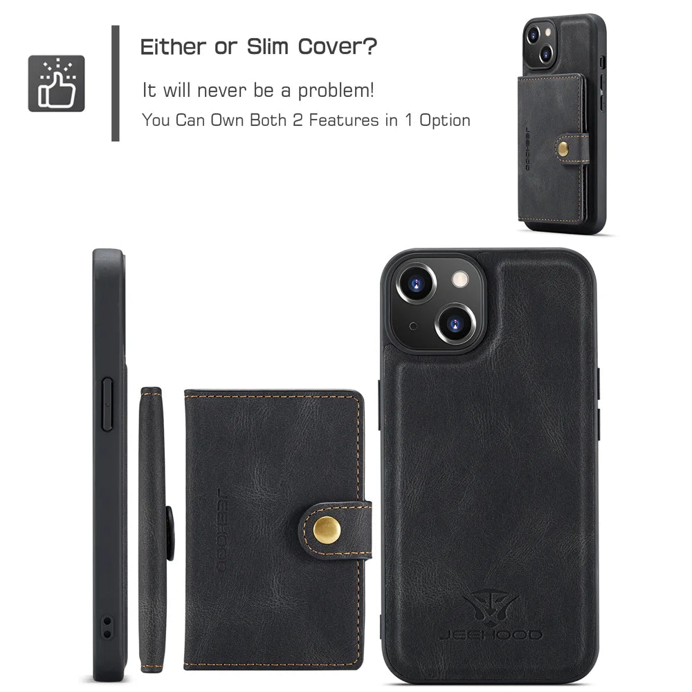 JEEHOOD For iPhone 13 mini 5.4 inch Case  J01 Retro Leather Phone Back Cover with Detachable Magnetic Card Holder - Black - 6