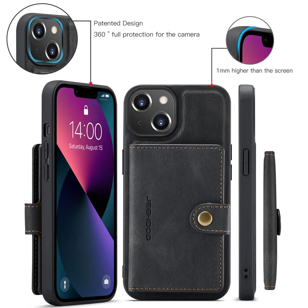 JEEHOOD For iPhone 13 mini 5.4 inch Case  J01 Retro Leather Phone Back Cover with Detachable Magnetic Card Holder - Black - 7
