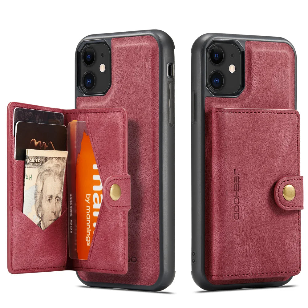 JEEHOOD For iPhone 11 Case  J01 Retro Leather Phone Back Cover with Detachable Magnetic Card Holder - Red - 2