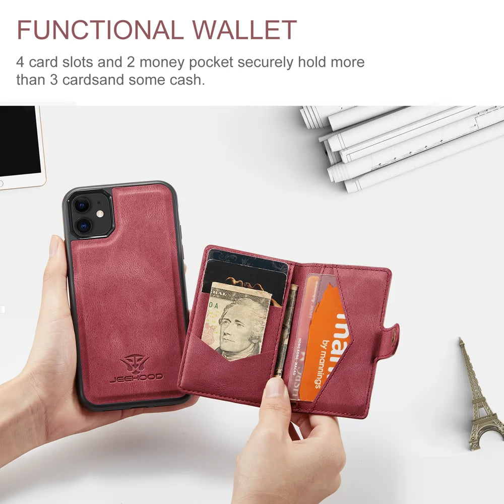 JEEHOOD For iPhone 11 Case  J01 Retro Leather Phone Back Cover with Detachable Magnetic Card Holder - Red - 3