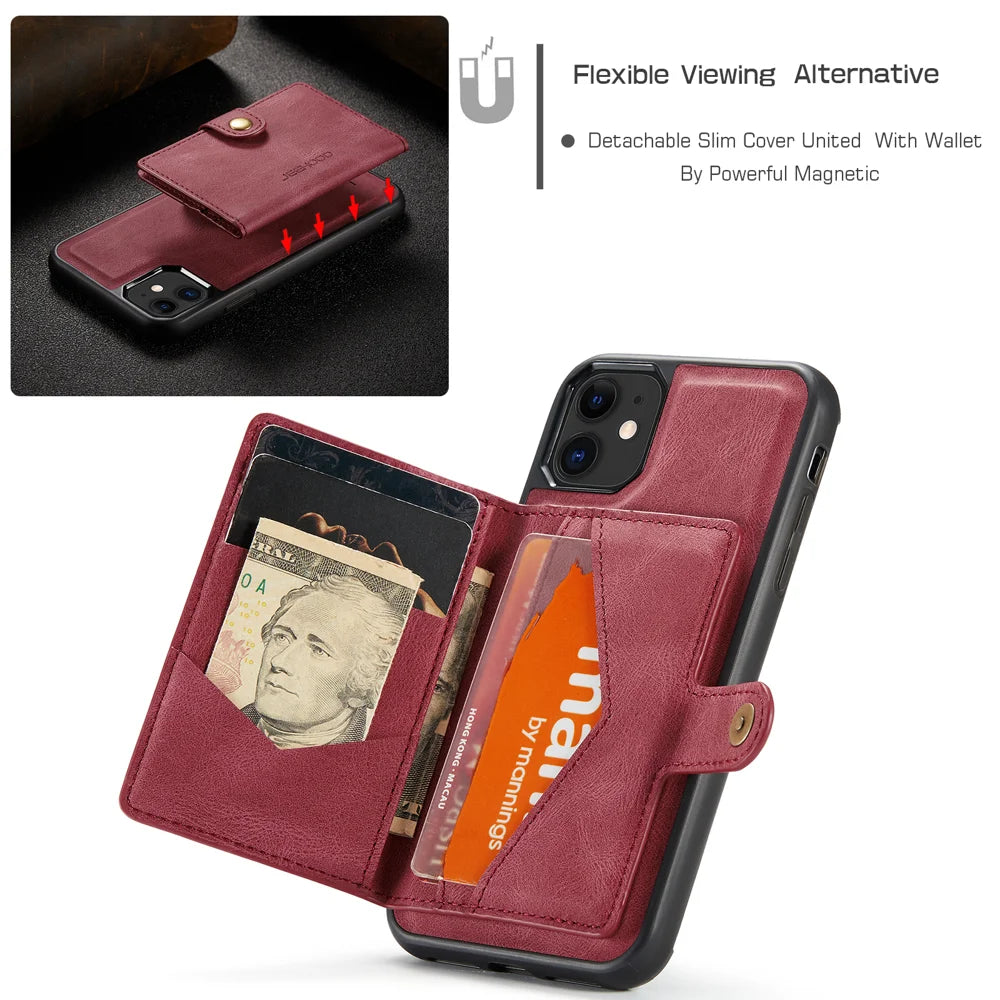 JEEHOOD For iPhone 11 Case  J01 Retro Leather Phone Back Cover with Detachable Magnetic Card Holder - Red - 6