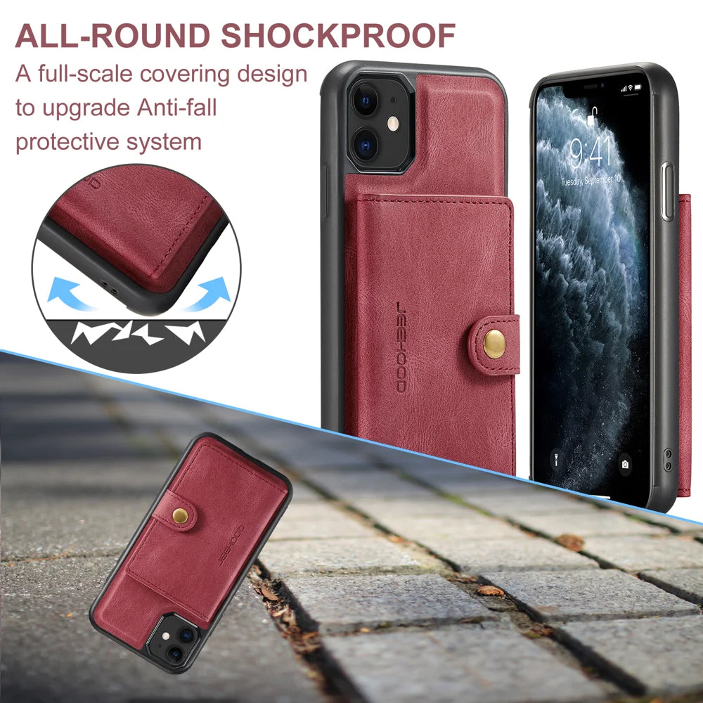 JEEHOOD For iPhone 11 Pro Max Case  J01 Retro Leather Phone Back Cover with Detachable Magnetic Card Holder - Red - 5