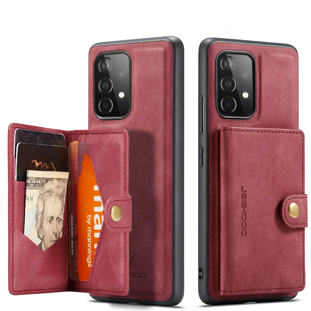 JEEHOOD For Samsung Galaxy A33 5G Case  J01 Retro Leather Phone Back Cover with Detachable Magnetic Card Holder - Red - 2