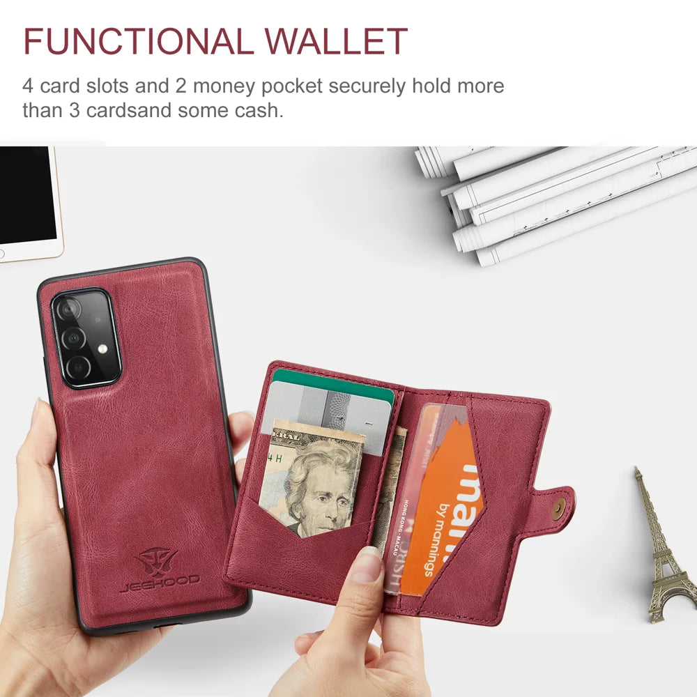 JEEHOOD For Samsung Galaxy A33 5G Case  J01 Retro Leather Phone Back Cover with Detachable Magnetic Card Holder - Red - 3