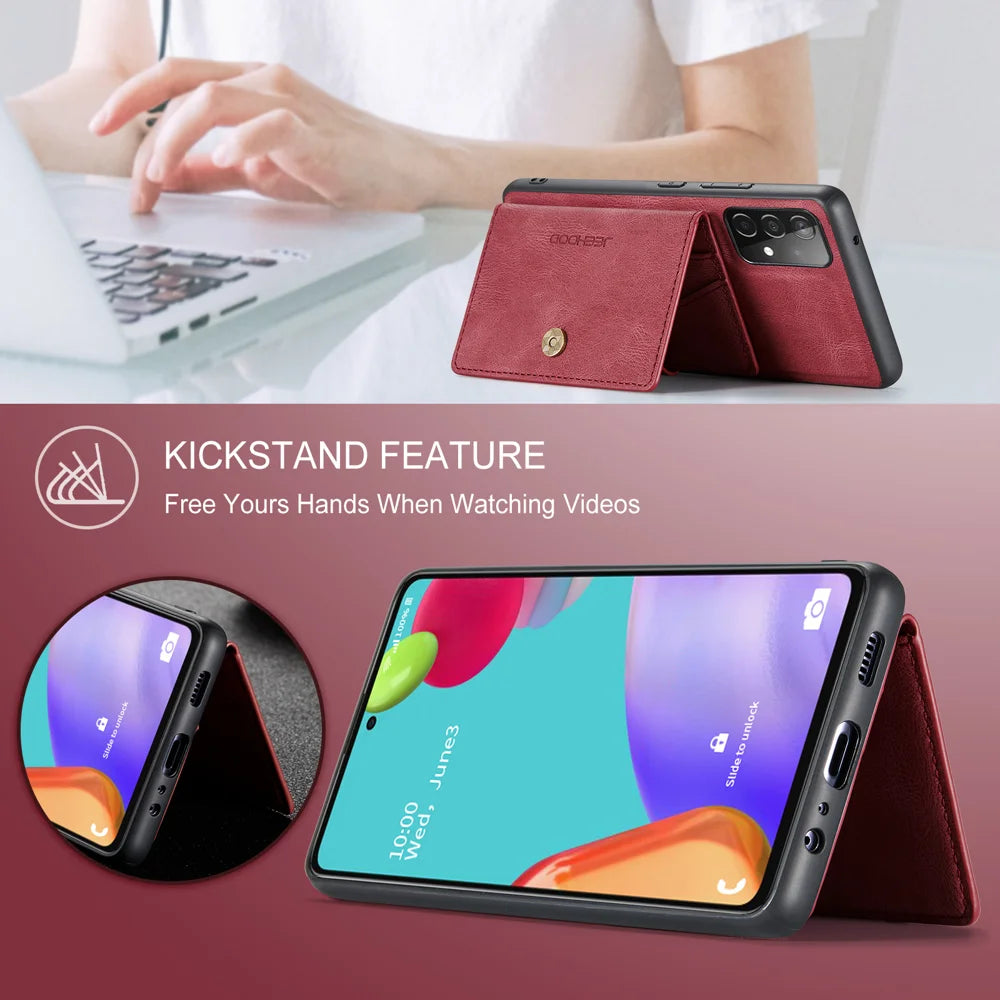 JEEHOOD For Samsung Galaxy A33 5G Case  J01 Retro Leather Phone Back Cover with Detachable Magnetic Card Holder - Red - 4