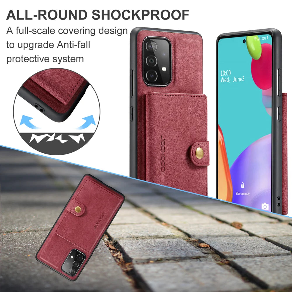 JEEHOOD For Samsung Galaxy A33 5G Case  J01 Retro Leather Phone Back Cover with Detachable Magnetic Card Holder - Red - 5