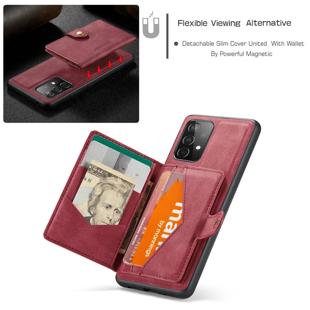 JEEHOOD For Samsung Galaxy A33 5G Case  J01 Retro Leather Phone Back Cover with Detachable Magnetic Card Holder - Red - 6