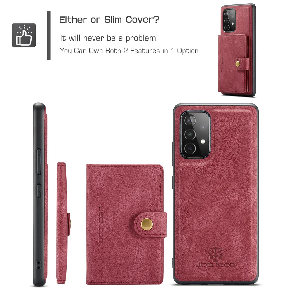 JEEHOOD For Samsung Galaxy A33 5G Case  J01 Retro Leather Phone Back Cover with Detachable Magnetic Card Holder - Red - 7