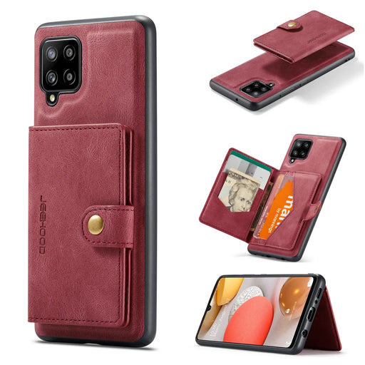 JEEHOOD For Samsung Galaxy A42 5G Case  J01 Retro Leather Phone Back Cover with Detachable Magnetic Card Holder - Red - 1