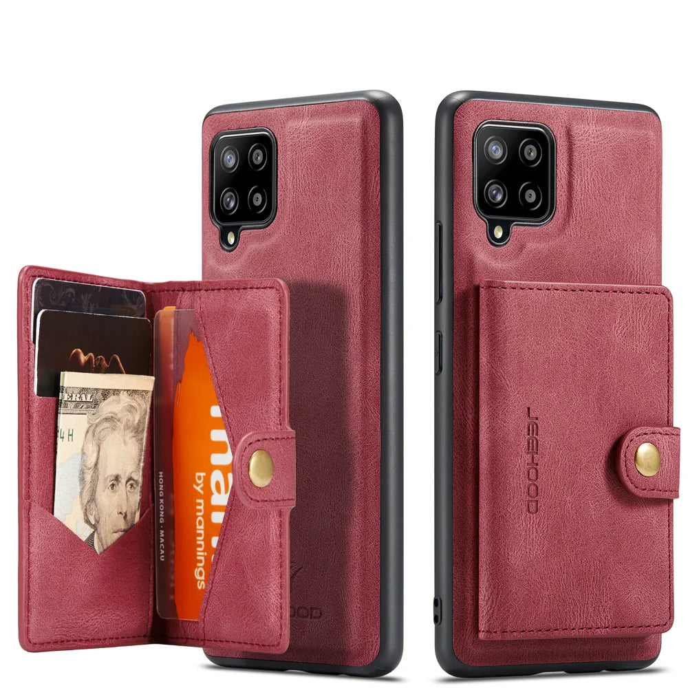 JEEHOOD For Samsung Galaxy A42 5G Case  J01 Retro Leather Phone Back Cover with Detachable Magnetic Card Holder - Red - 2