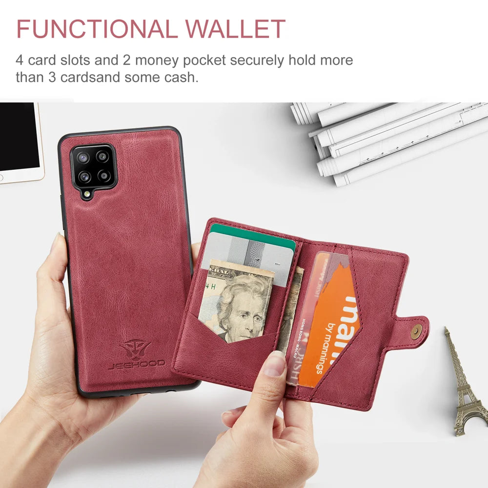 JEEHOOD For Samsung Galaxy A42 5G Case  J01 Retro Leather Phone Back Cover with Detachable Magnetic Card Holder - Red - 3