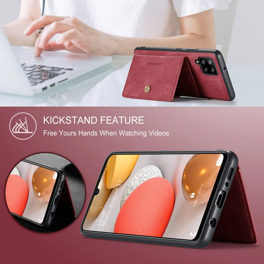 JEEHOOD For Samsung Galaxy A42 5G Case  J01 Retro Leather Phone Back Cover with Detachable Magnetic Card Holder - Red - 4