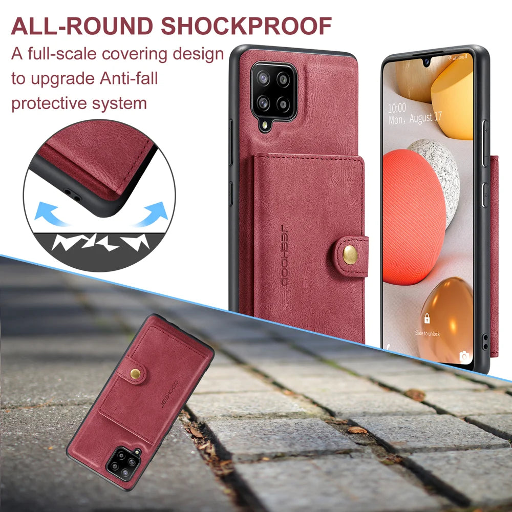 JEEHOOD For Samsung Galaxy A42 5G Case  J01 Retro Leather Phone Back Cover with Detachable Magnetic Card Holder - Red - 5