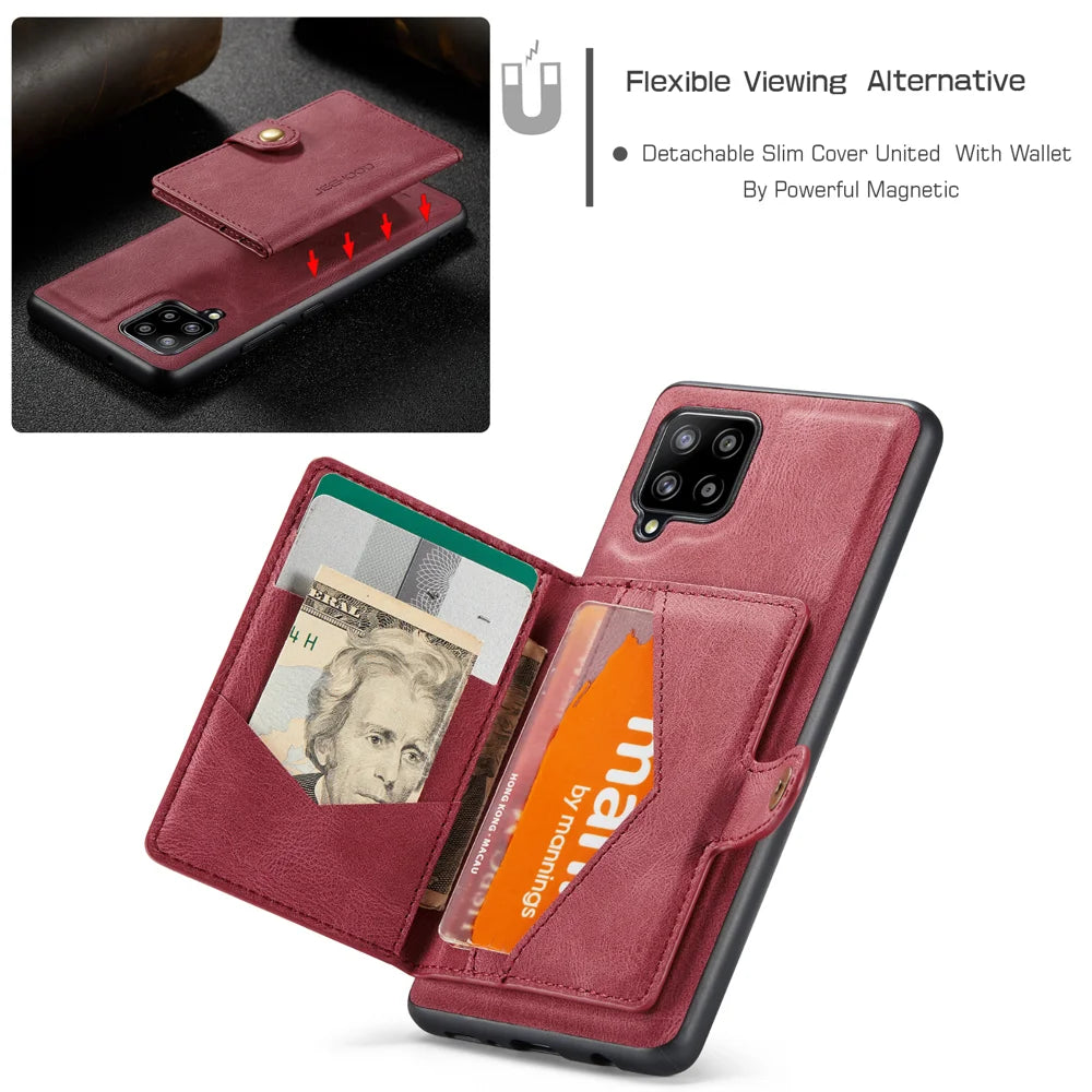 JEEHOOD For Samsung Galaxy A42 5G Case  J01 Retro Leather Phone Back Cover with Detachable Magnetic Card Holder - Red - 6