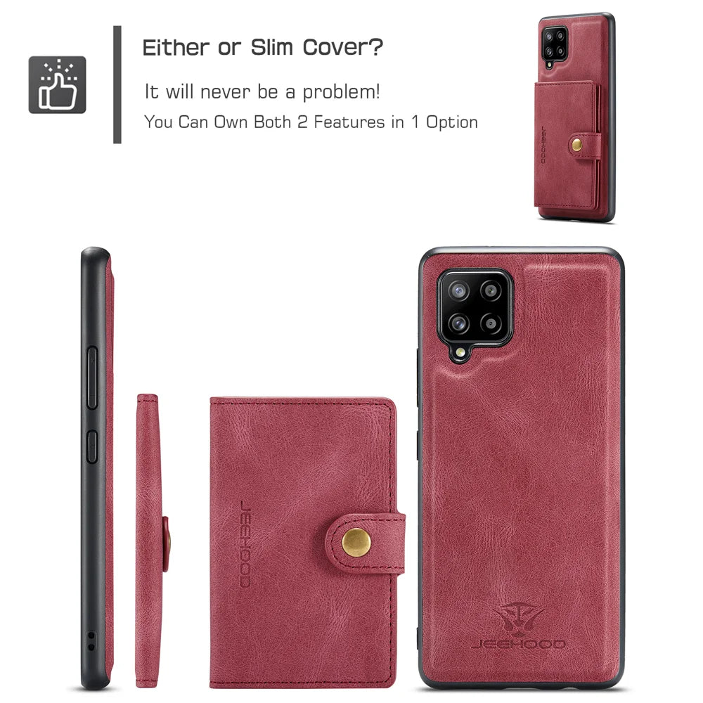 JEEHOOD For Samsung Galaxy A42 5G Case  J01 Retro Leather Phone Back Cover with Detachable Magnetic Card Holder - Red - 7