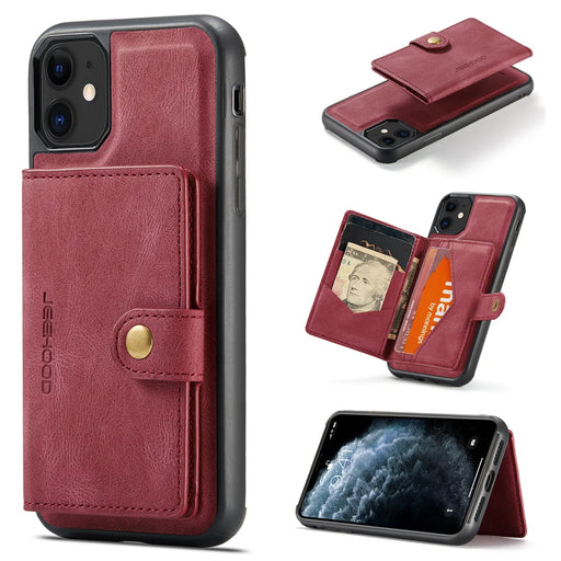 JEEHOOD For iPhone 11 Pro Case  J01 Retro Leather Phone Back Cover with Detachable Magnetic Card Holder - Red - 1