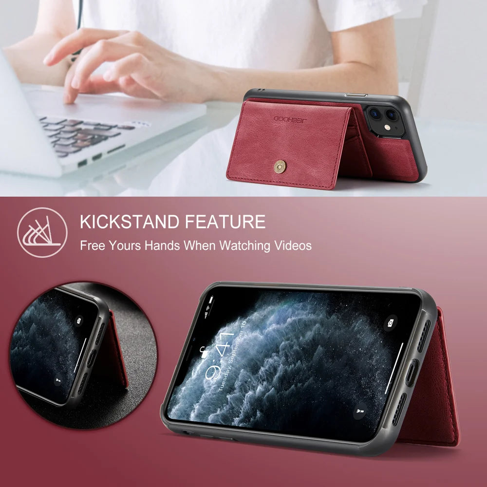 JEEHOOD For iPhone 11 Pro Case  J01 Retro Leather Phone Back Cover with Detachable Magnetic Card Holder - Red - 4