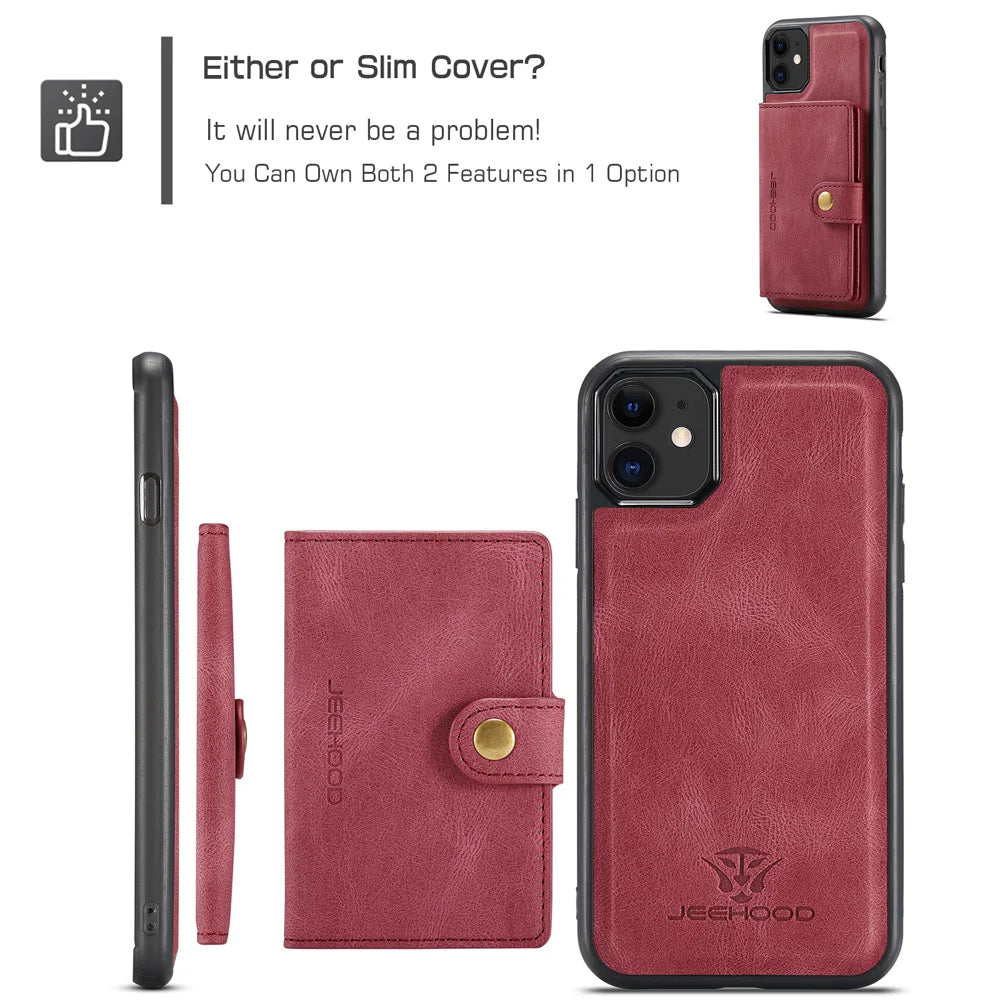 JEEHOOD For iPhone 11 Pro Case  J01 Retro Leather Phone Back Cover with Detachable Magnetic Card Holder - Red - 7
