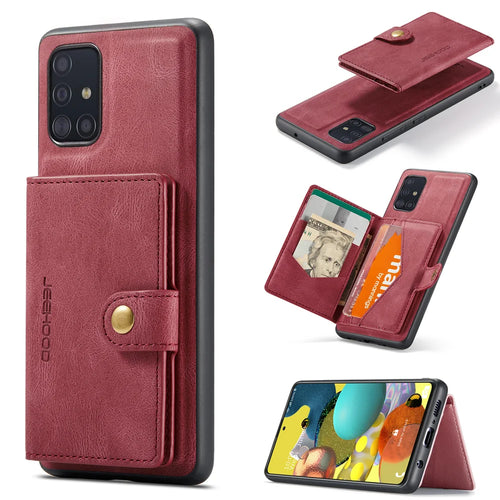 JEEHOOD For Samsung Galaxy A51 5G SM-A516 Case  J01 Retro Leather Phone Back Cover with Detachable Magnetic Card Holder - Red - 1