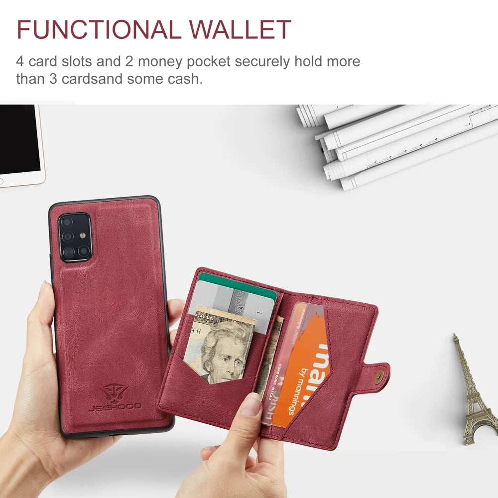 JEEHOOD For Samsung Galaxy A51 5G SM-A516 Case  J01 Retro Leather Phone Back Cover with Detachable Magnetic Card Holder - Red - 3
