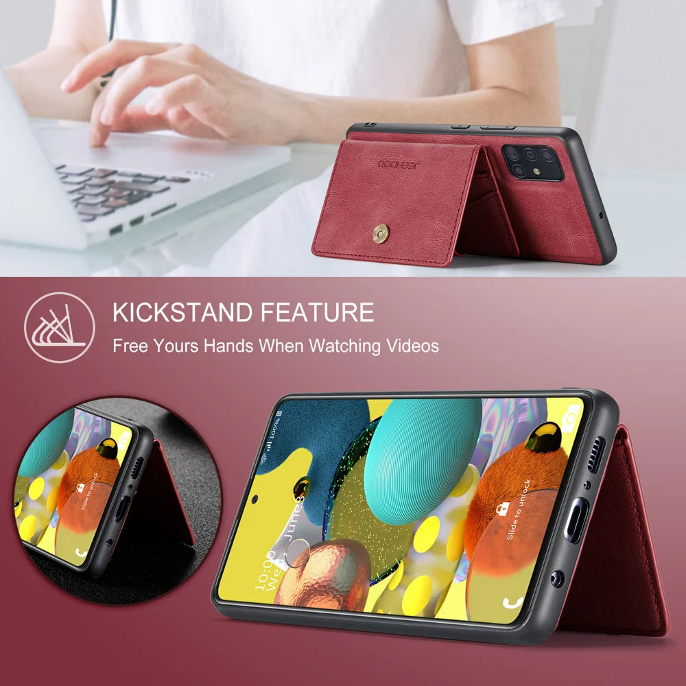 JEEHOOD For Samsung Galaxy A51 5G SM-A516 Case  J01 Retro Leather Phone Back Cover with Detachable Magnetic Card Holder - Red - 4