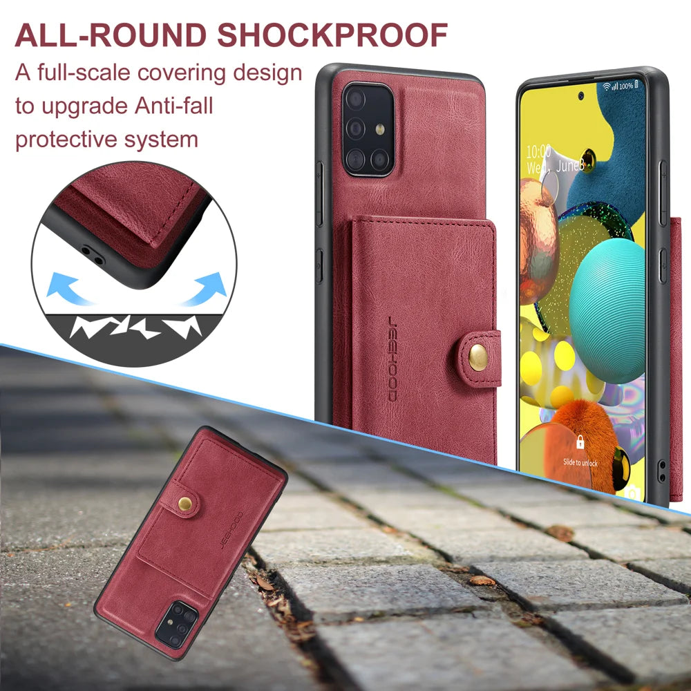 JEEHOOD For Samsung Galaxy A51 5G SM-A516 Case  J01 Retro Leather Phone Back Cover with Detachable Magnetic Card Holder - Red - 5