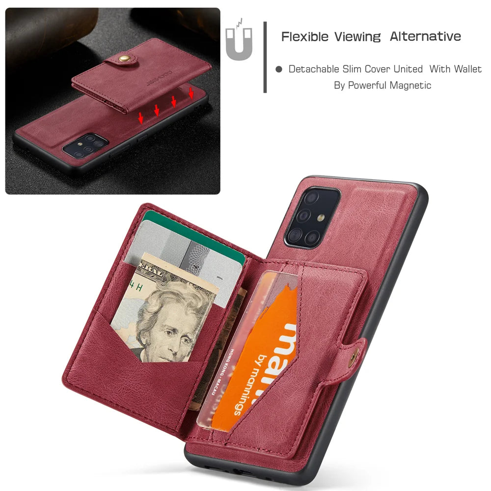 JEEHOOD For Samsung Galaxy A51 5G SM-A516 Case  J01 Retro Leather Phone Back Cover with Detachable Magnetic Card Holder - Red - 6
