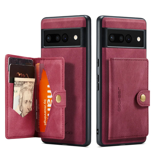 JEEHOOD For Google Pixel 7 5G Case  J01 Retro Leather Phone Back Cover with Detachable Magnetic Card Holder - Red - 2